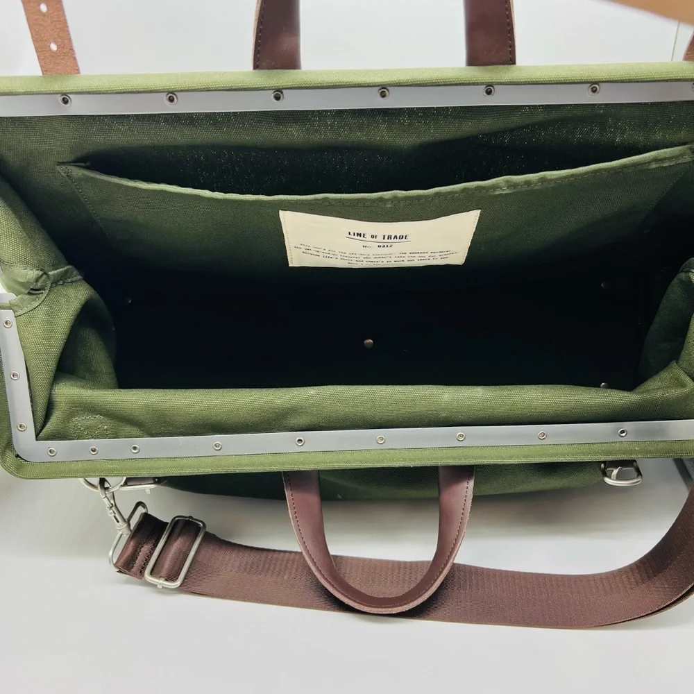 Line Of Trade Green Canvas Weekender  Bag with Brown Leather Straps